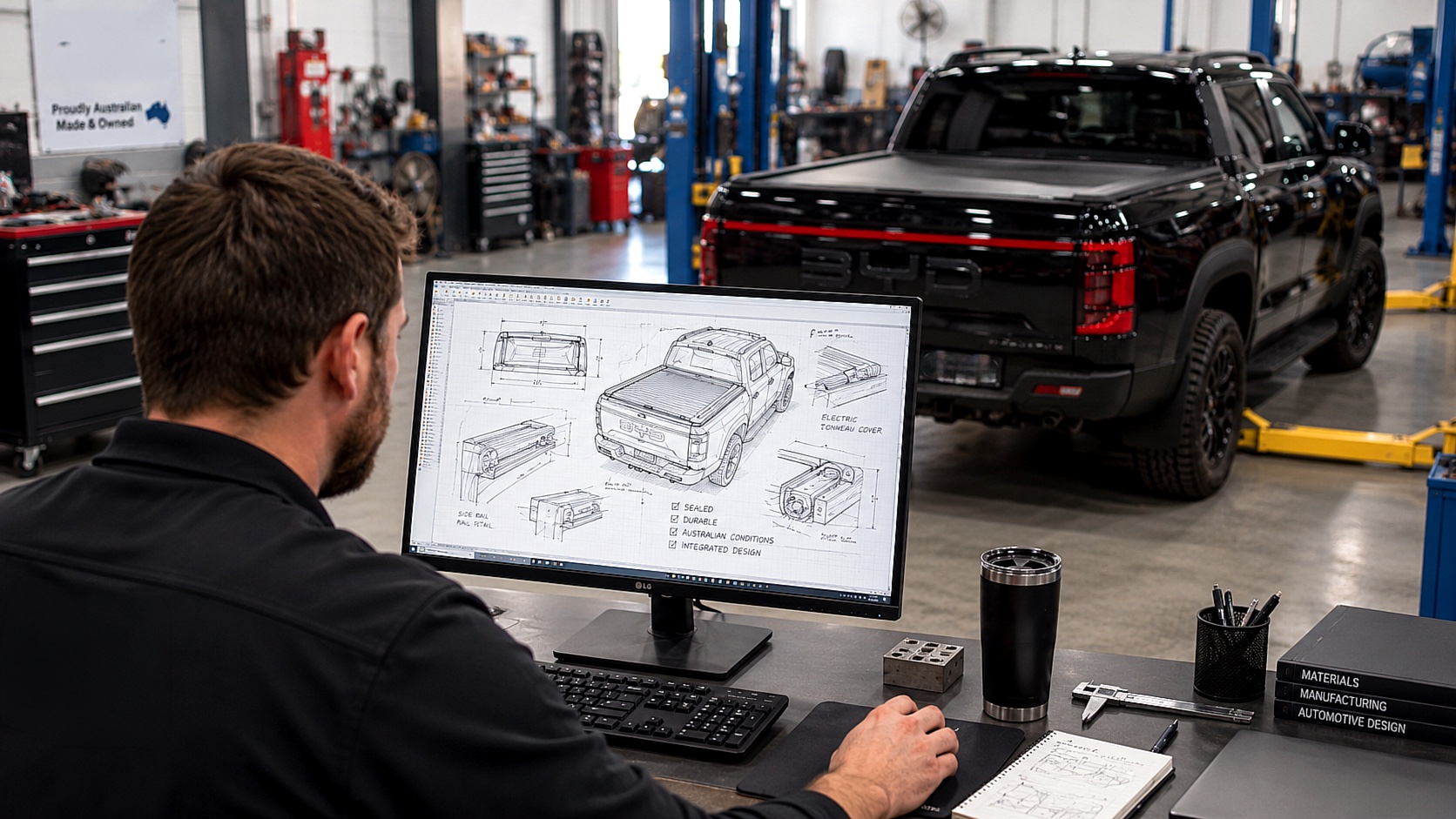 EGR engineer at a CAD workstation reviewing electric tonneau cover drawings, with the pickup the cover is being developed for on a hoist behind him