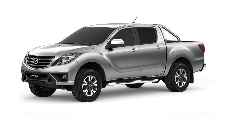 Side profile of a silver Mazda BT-50 dual-cab fitted with side steps and a sports bar