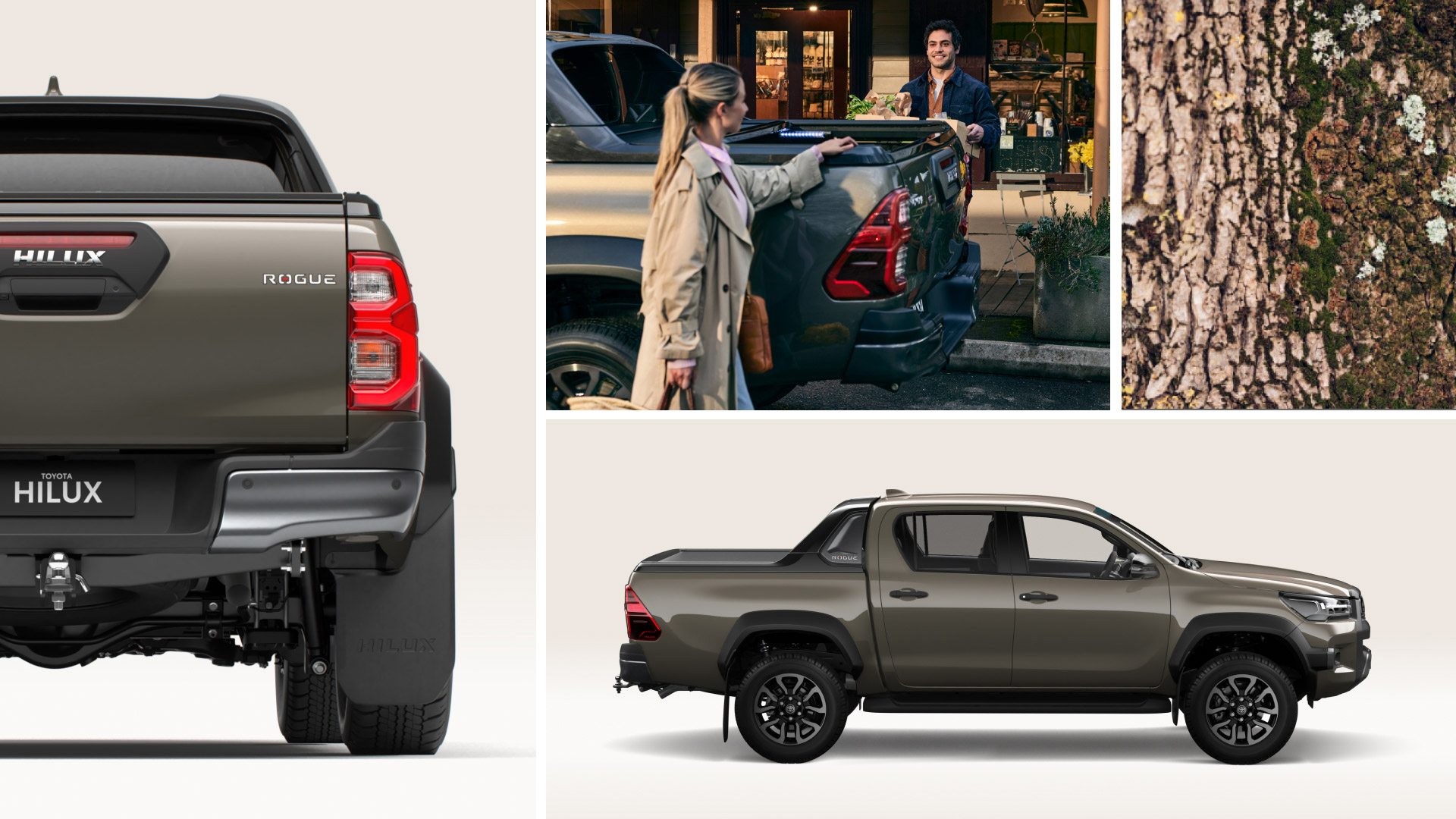 Four-panel mosaic of the Toyota Hilux Rogue: rear tailgate detail, loading groceries at a shopfront, tree bark texture and a full side profile