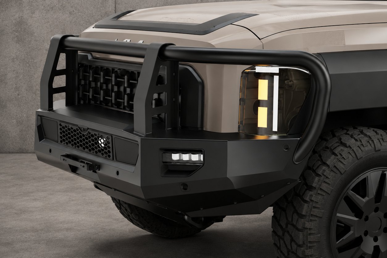 Front-end detail of an EGR bull bar and nudge bar assembly on a Kia Tasman