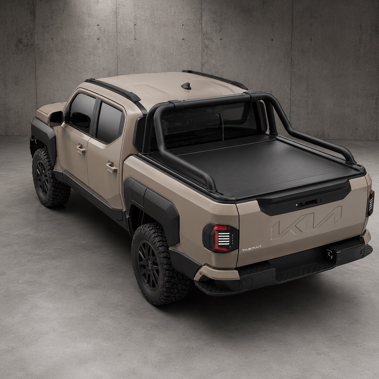 Elevated rear view of a Kia Tasman dual-cab fitted with an EGR sports bar and retractable roll cover over the tub